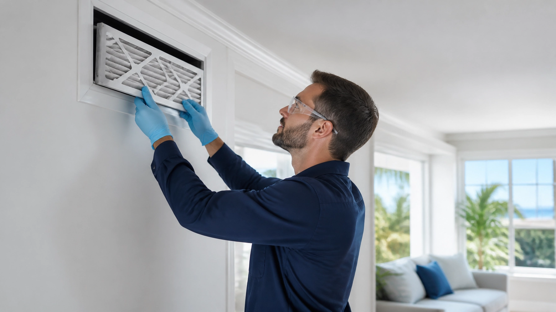 HVAC technician carefully replacing an air-conditioning filter in a home.